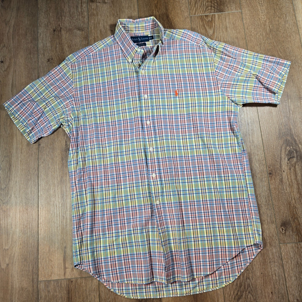 Ralph Lauren Blake Plaid Shirt Mens M Orange Pony Short Sleeve Preppy Casual